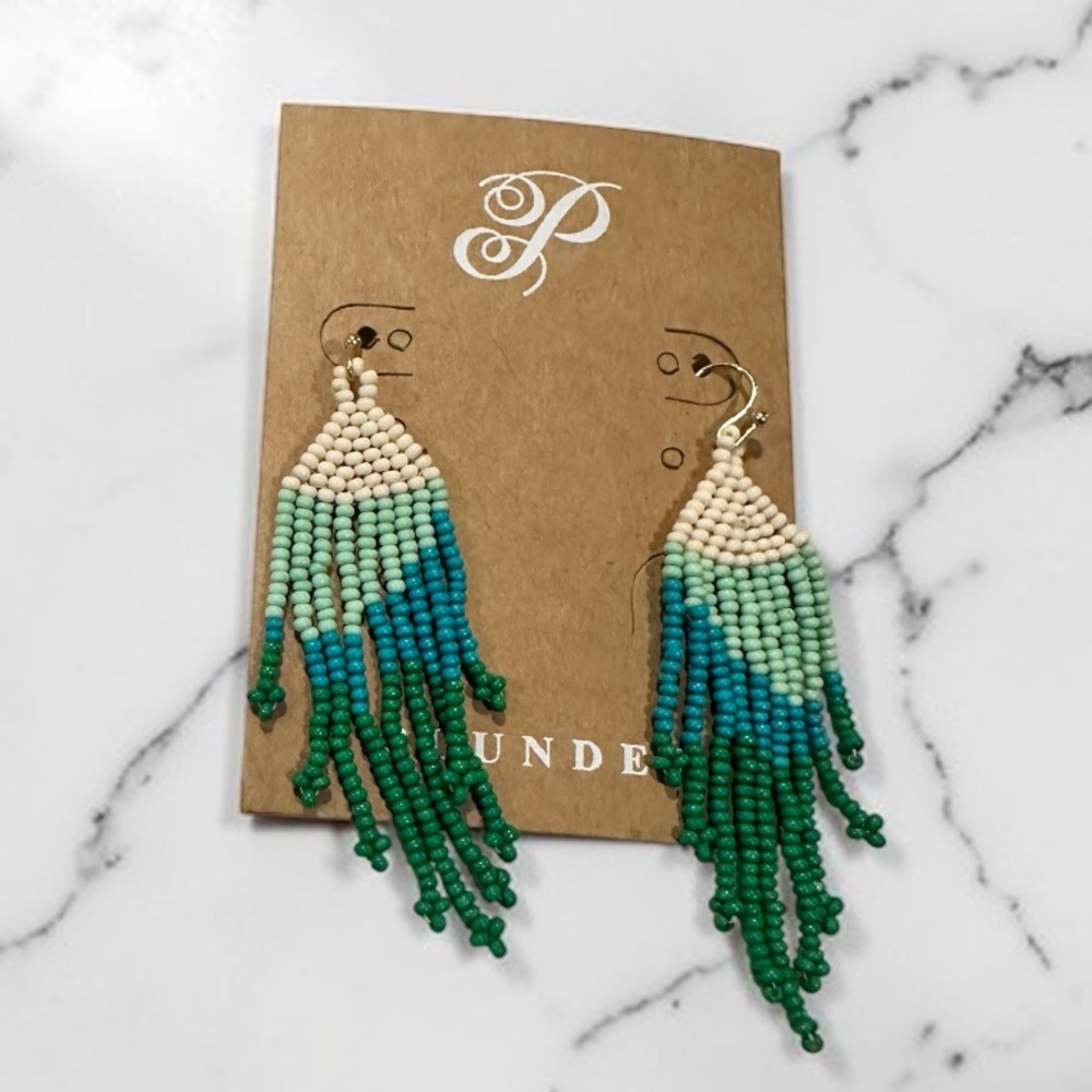 Plunder Beaded Fringe Statement Earrings Boho Teal Green Tassel Dangle Earrings - Picture 3 of 7